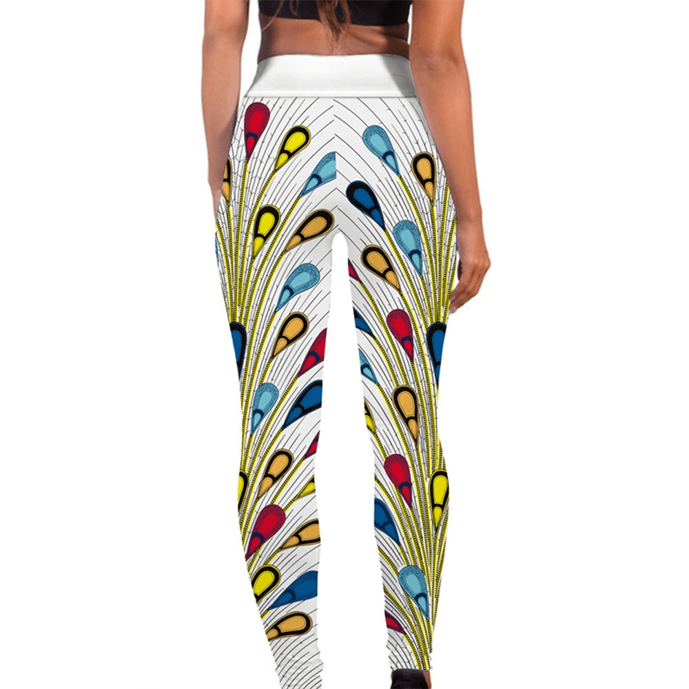Vibrant printed women's workout leggings with elastic waist, perfect for yoga or running. Full-length comfort and style.